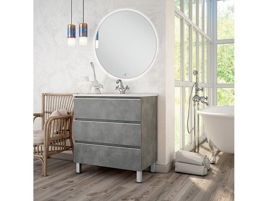 Meuble de salle de bain simple vasque - 3 tiroirs - PALMA et miroir rond Led SOLEN - ciment (gris) - 80cm