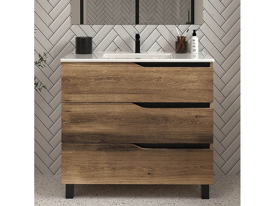 Meuble de salle de bain 80cm simple vasque - 3 tiroirs - tabaco (bois foncé) - MATA