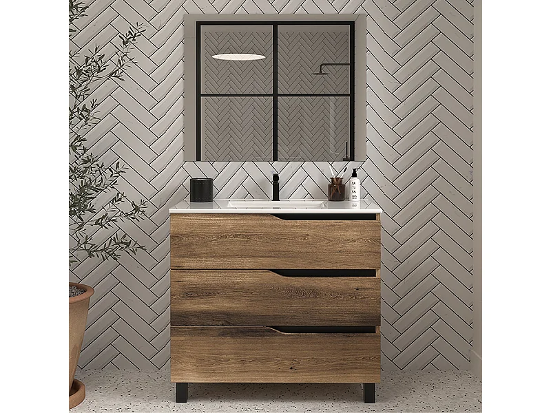 Meuble de salle de bain 80cm simple vasque - 3 tiroirs - tabaco (bois foncé) - MATA