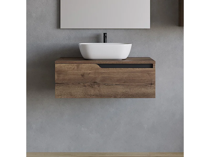 Meuble de salle de bain 80cm avec vasque à poser arrondie - sans miroir - 1 tiroir - tabaco (bois foncé) - CADIX