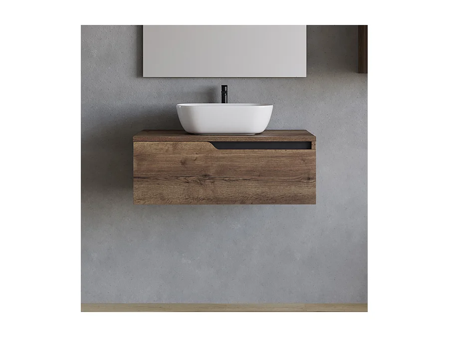 Meuble de salle de bain 80cm avec vasque à poser arrondie - sans miroir - 1 tiroir - tabaco (bois foncé) - CADIX