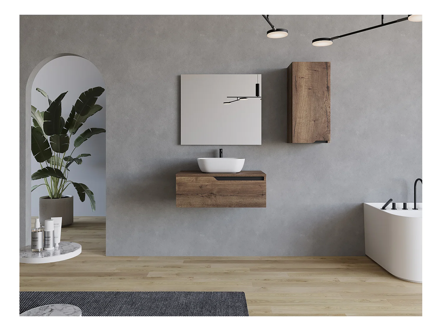 Meuble de salle de bain 80cm avec vasque à poser arrondie - sans miroir - 1 tiroir - tabaco (bois foncé) - CADIX