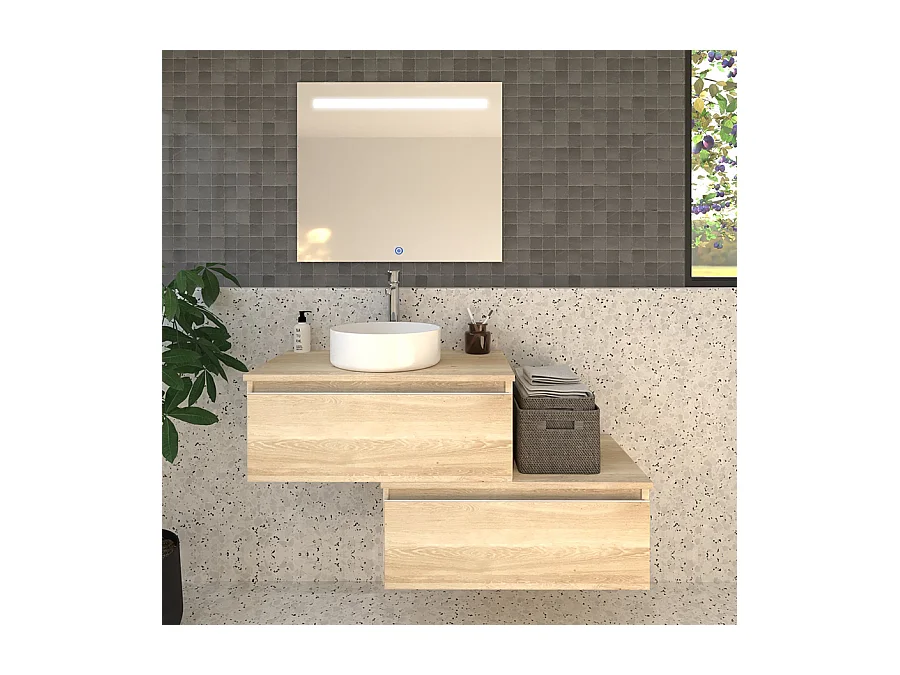 Meuble de salle de bain 2 tiroirs avec vasque à poser ronde PENA et miroir Led STAM - Bambou (chêne clair) - 120cm