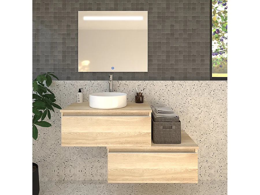 Meuble de salle de bain 2 tiroirs avec vasque à poser ronde PENA et miroir Led STAM - Bambou (chêne clair) - 120cm