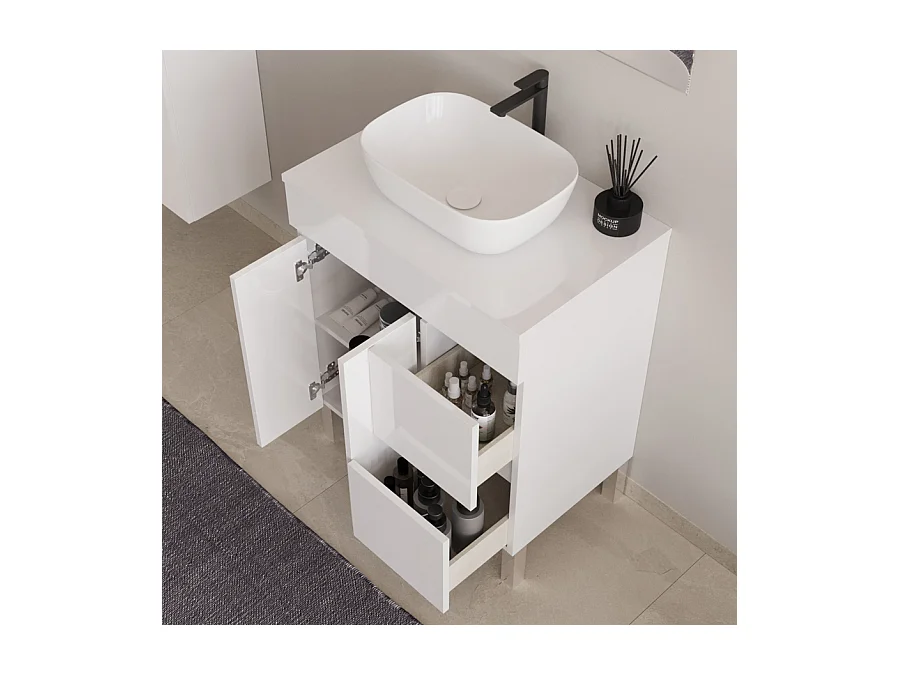 Meuble de salle de bain 70cm sur pieds avec plateau et une cuve à poser arrondie - sans miroir - portes et tiroirs - blanc - HARO