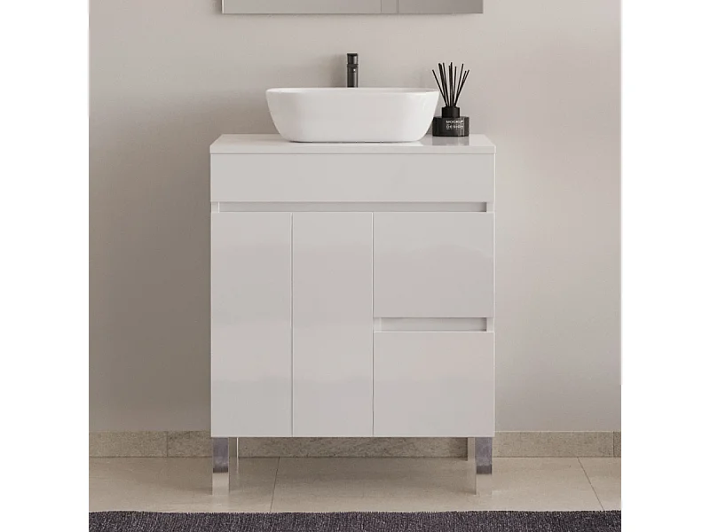 Meuble de salle de bain 70cm sur pieds avec plateau et une cuve à poser arrondie - sans miroir - portes et tiroirs - blanc - HARO