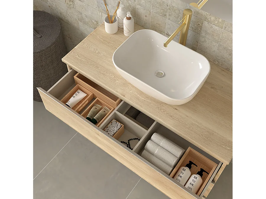 Meuble de salle de bain avec vasque à poser arrondie PALMA et miroir Led STAM - Bambou (chêne clair) - 70cm