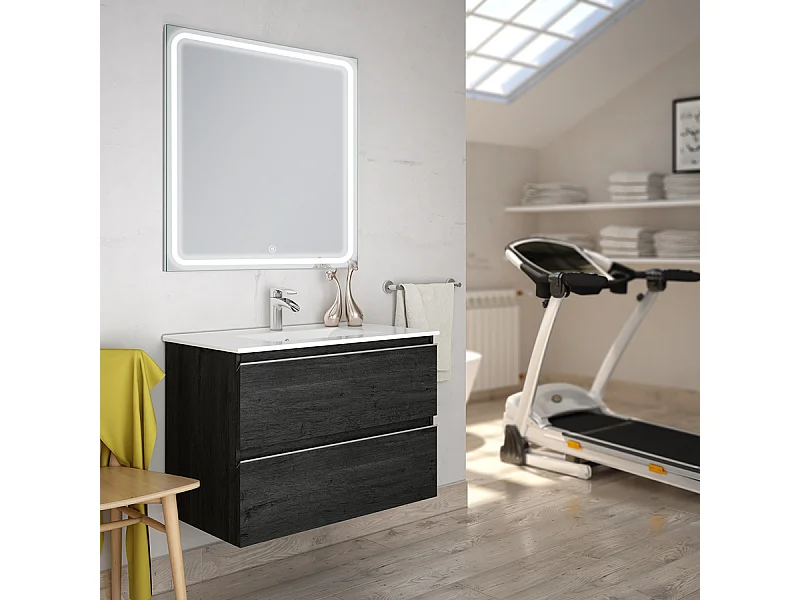 Meuble de salle de bain simple vasque - 2 tiroirs - BALEA et miroir Led VELDI - ebony (bois noir) - 70cm