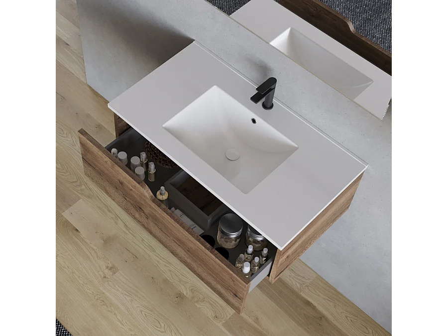 Meuble de salle de bain 80cm avec vasque à poser ronde - 1 tiroir - tabaco (bois foncé) - CADIX