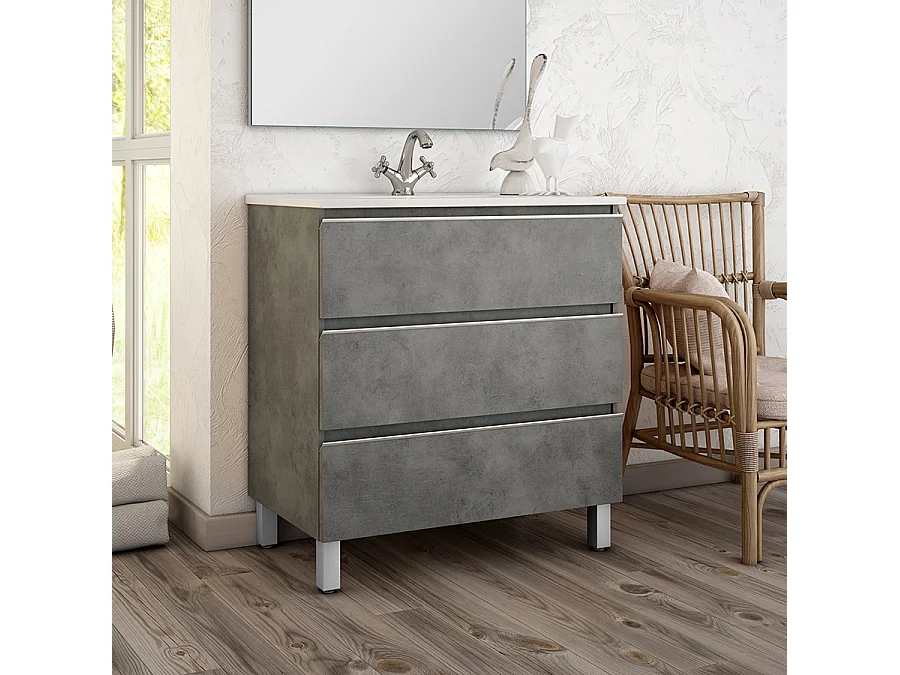 Meuble de salle de bain simple vasque - 3 tiroirs - PALMA et miroir Led STAM - ciment (gris) - 70cm