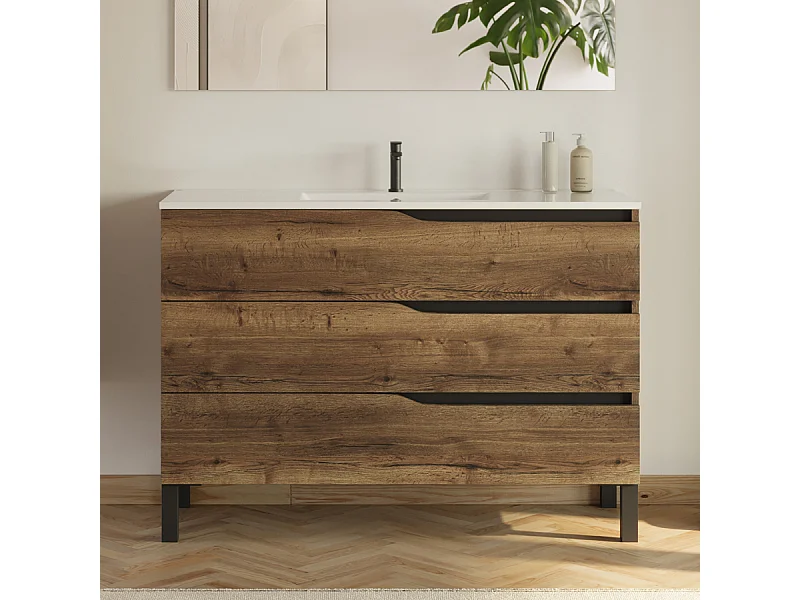 Meuble de salle de bain 120cm simple vasque - sans miroir - 3 tiroirs - tabaco (bois foncé) - MATA