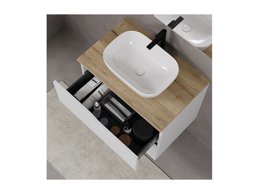 Meuble de salle de bain 100cm avec plateau miel et vasque à poser zeus - 2 tiroirs - sans miroir - blanc - LUNA