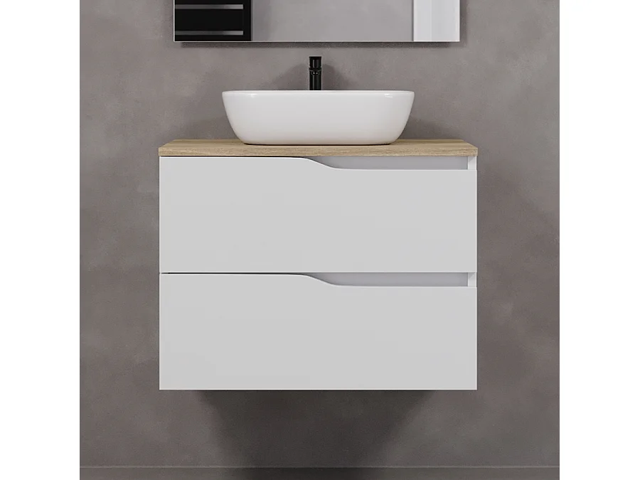 Meuble de salle de bain 100cm avec plateau miel et vasque à poser zeus - 2 tiroirs - sans miroir - blanc - LUNA