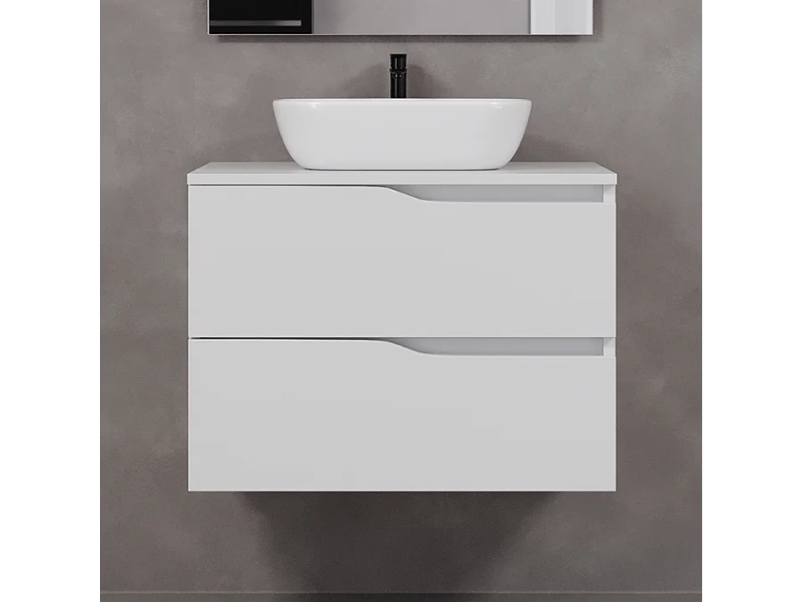 Meuble de salle de bain 100cm avec plateau miel et vasque à poser zeus - 2 tiroirs - sans miroir - blanc - LUNA