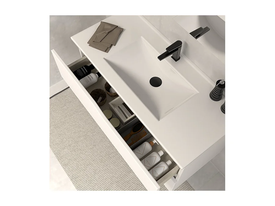 Meuble de salle de bain 70cm simple vasque - 2 tiroirs - sans miroir - blanc - LUNA