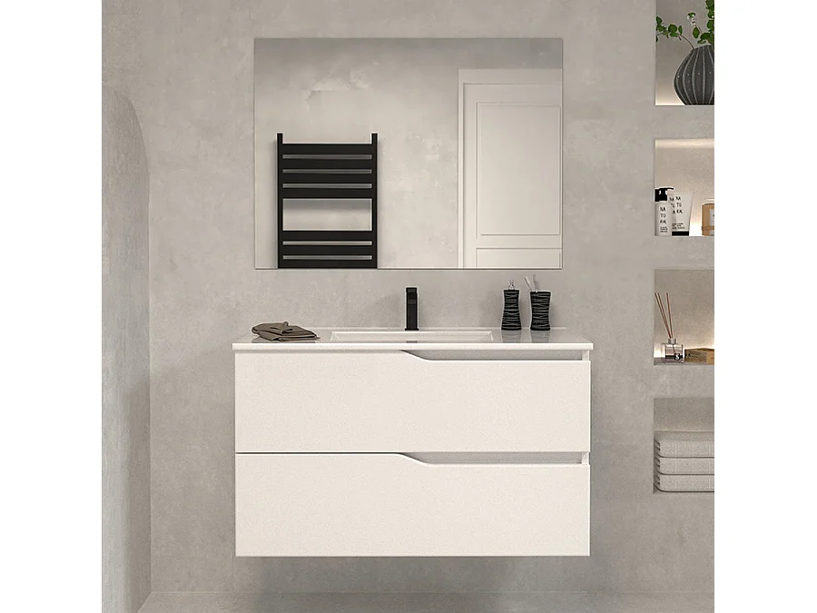 Meuble de salle de bain 70cm simple vasque - 2 tiroirs - sans miroir - blanc - LUNA