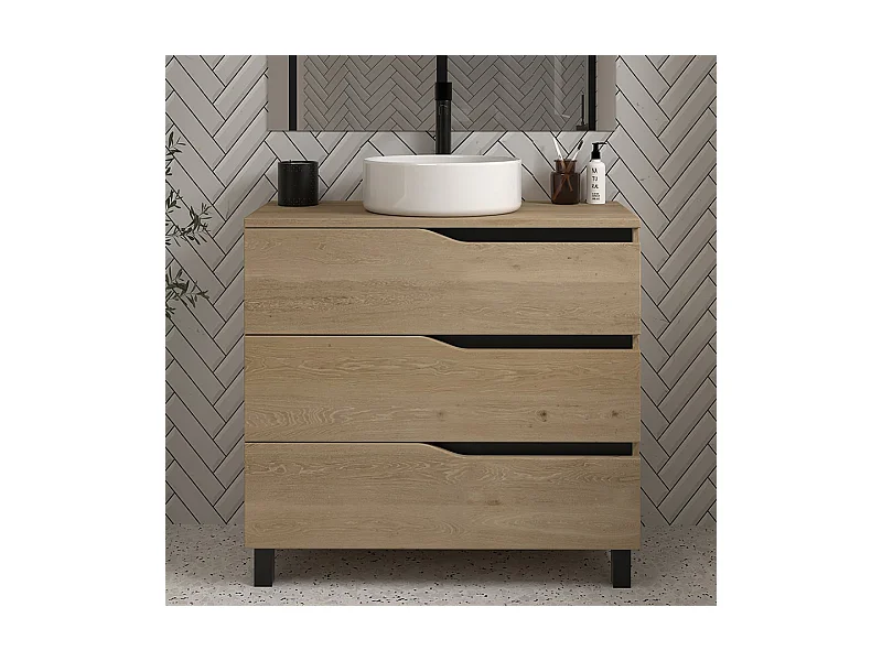 Meuble de salle de bain 70cm avec plateau et vasque à poser - 3 tiroirs - sans miroir - madera miel (bois clair) - MATA