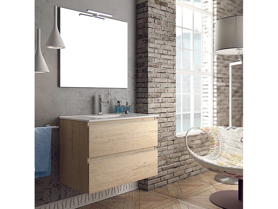 Meuble de salle de bain 70cm simple vasque - 2 tiroirs - BALEA - bambou (chêne clair)