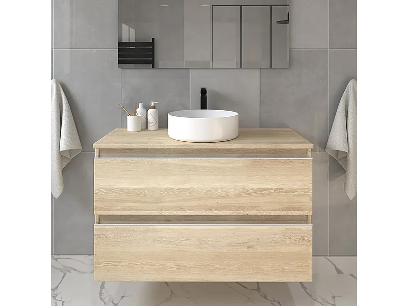 Meuble de salle de bain sans miroir avec vasque à poser ronde BALEA - Bambou (chêne clair) - 100cm