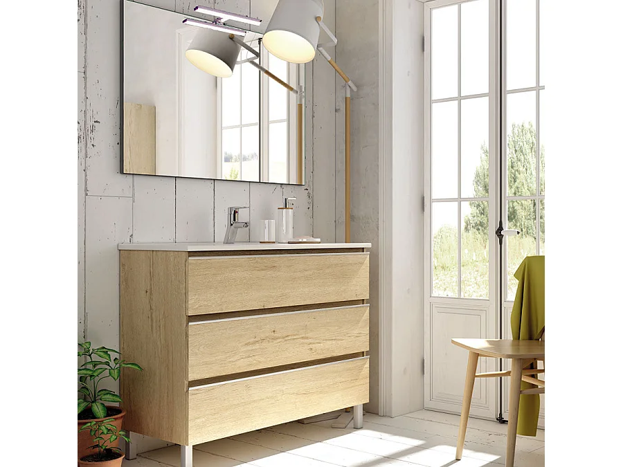 Meuble de salle de bain 100cm simple vasque - 3 tiroirs - PALMA - bambou (chêne clair)