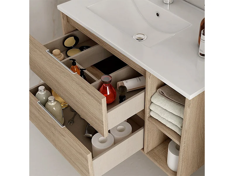 Meuble de salle de bain 80cm vasque déportée - 2 tiroirs et 2 niches - sans miroir - OLYMPE - cambrian (chêne)
