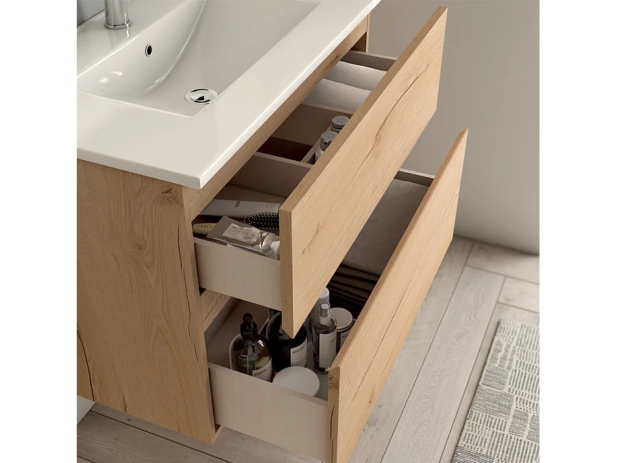 Meuble de salle de bain 80cm simple vasque - 2 tiroirs - sans miroir - MIG - roble (chêne clair)