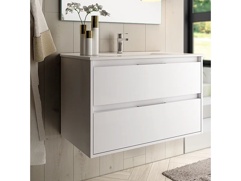 Meuble de salle de bain 80cm simple vasque - 2 tiroirs - sans miroir - IRIS - blanc