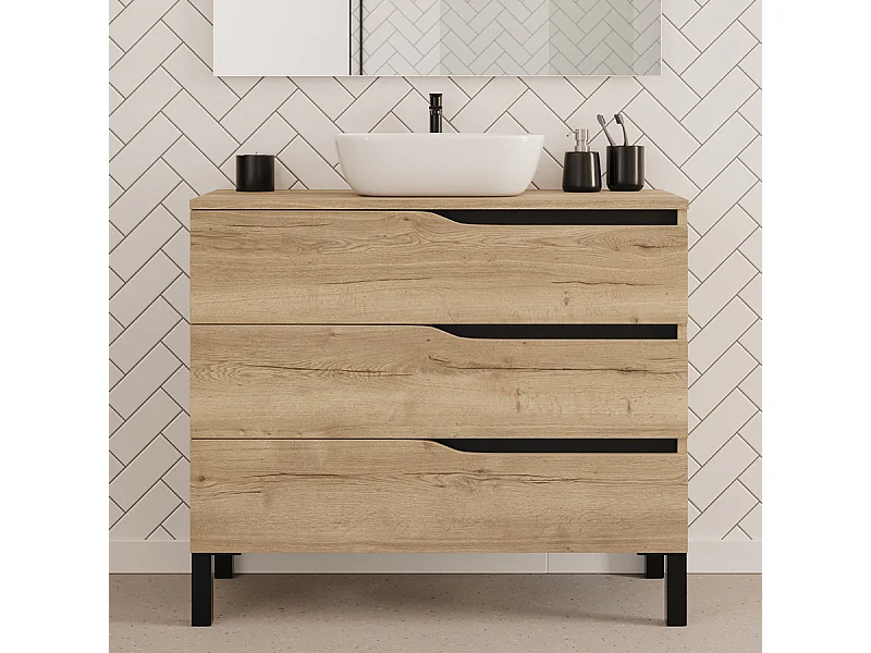 Meuble de salle de bain 100cm avec plateau et vasque à poser zeus - 3 tiroirs - sans miroir - madera miel (chêne clair) - MATA