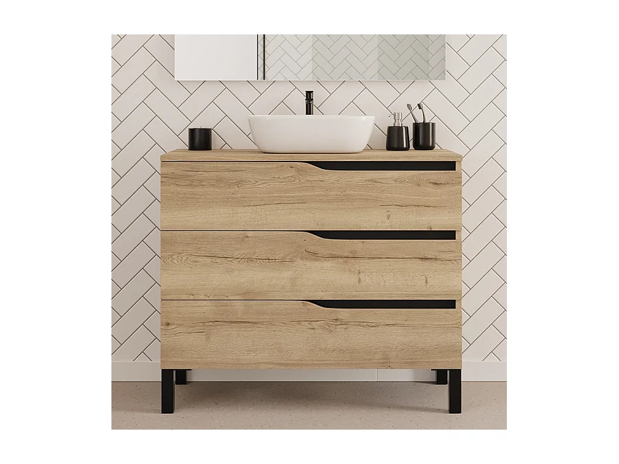 Meuble de salle de bain 100cm avec plateau et vasque à poser zeus - 3 tiroirs - sans miroir - madera miel (chêne clair) - MATA
