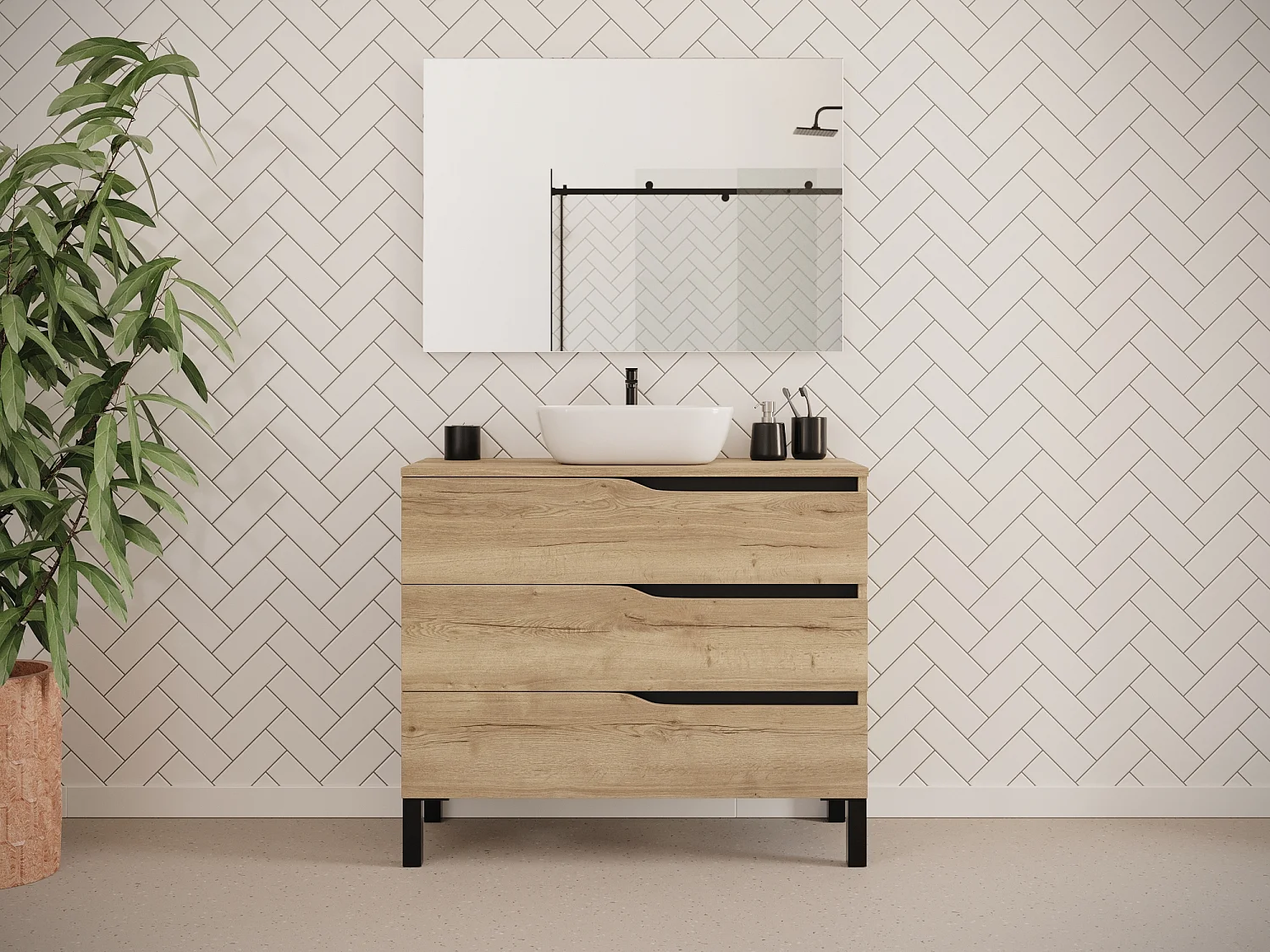 Meuble de salle de bain 100cm avec plateau et vasque à poser zeus - 3 tiroirs - sans miroir - madera miel (chêne clair) - MATA