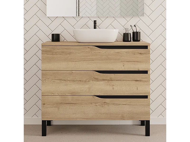 Meuble de salle de bain 100cm avec plateau et vasque à poser zeus - 3 tiroirs - sans miroir - madera miel (chêne clair) - MATA