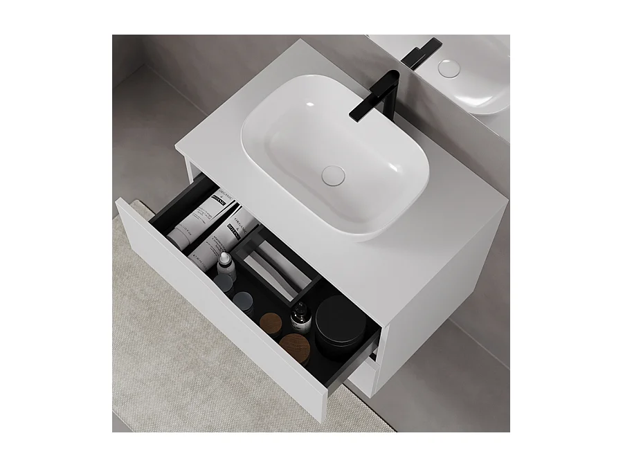 Meuble de salle de bain 80cm avec plateau et vasque à poser zeus - 2 tiroirs - blanc - LUNA