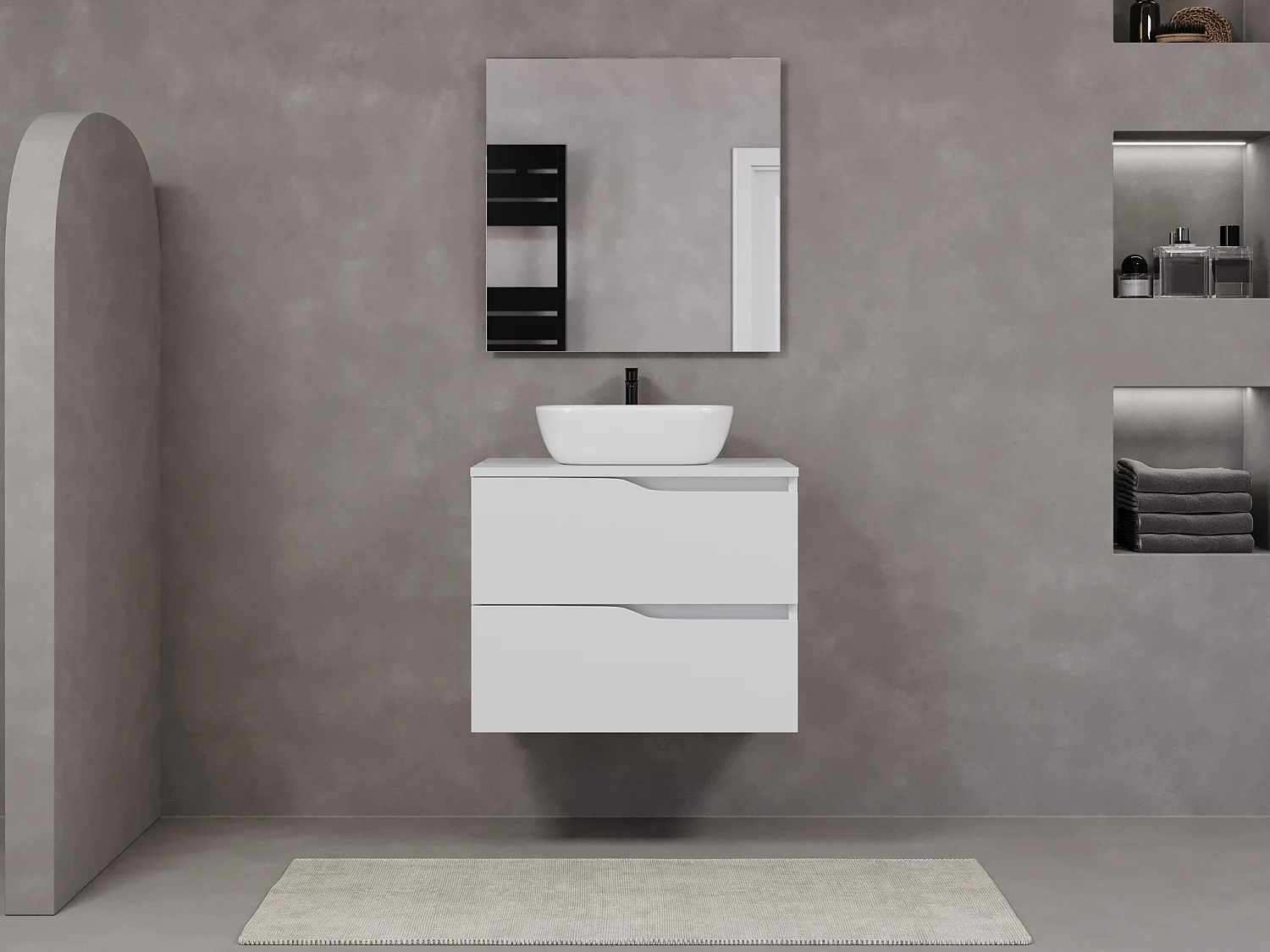 Meuble de salle de bain 80cm avec plateau et vasque à poser zeus - 2 tiroirs - blanc - LUNA