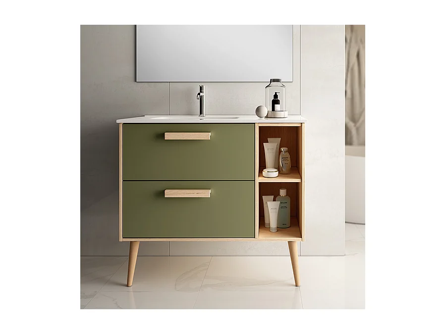Meuble de salle de bain vasque déportée - 2 tiroirs - MALIA et miroir Led STAM - vert olive - 80cm
