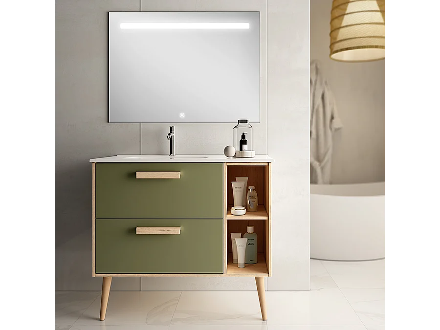 Meuble de salle de bain vasque déportée - 2 tiroirs - MALIA et miroir Led STAM - vert olive - 80cm