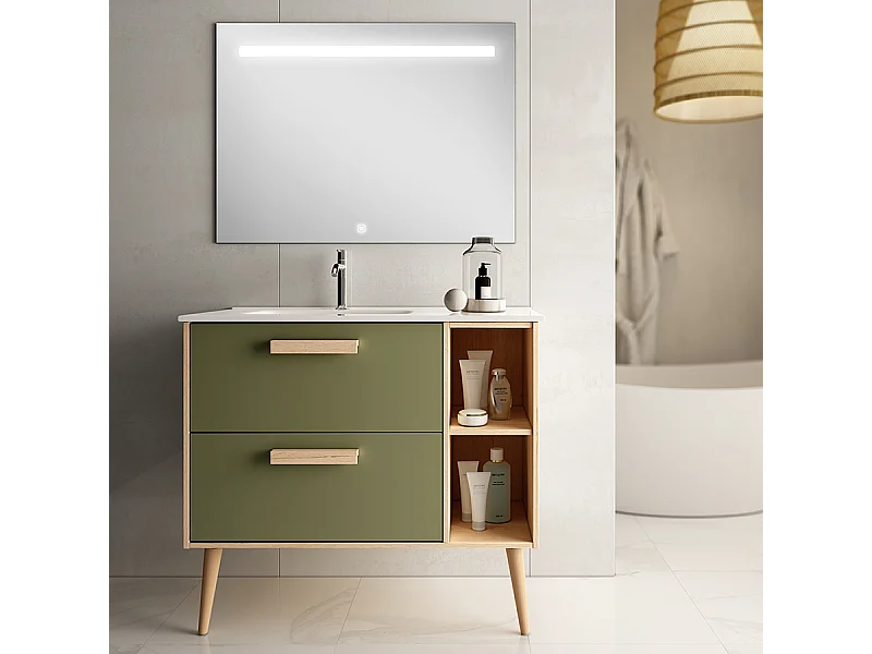 Meuble de salle de bain vasque déportée - 2 tiroirs - MALIA et miroir Led STAM - vert olive - 80cm