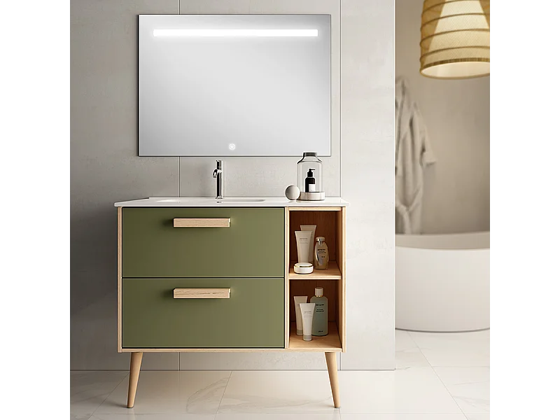 Meuble de salle de bain vasque déportée - 2 tiroirs - MALIA et miroir Led STAM - vert olive - 80cm