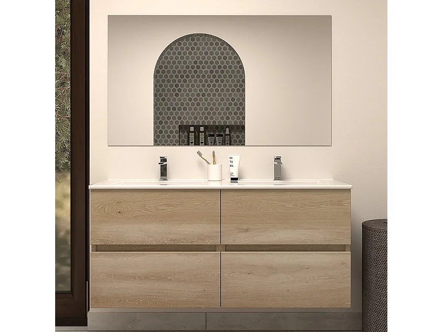 Meuble de salle de bain 120cm double vasque - 4 tiroirs - nebraska (bois clair) - IDA