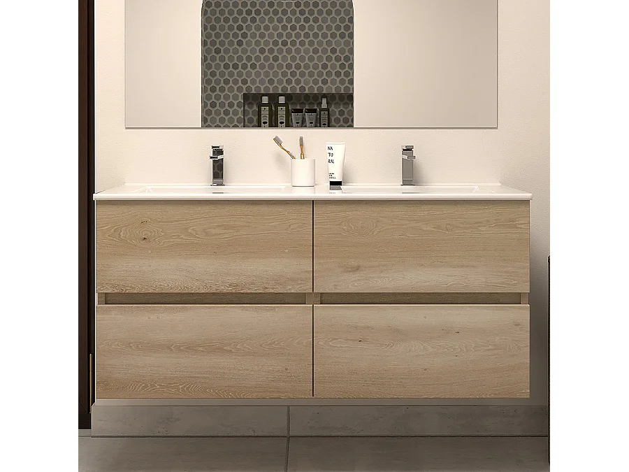 Meuble de salle de bain 120cm double vasque - 4 tiroirs - nebraska (bois clair) - IDA