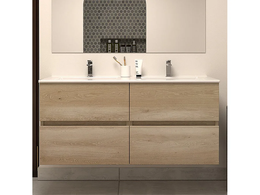 Meuble de salle de bain 120cm double vasque - 4 tiroirs - nebraska (bois clair) - IDA