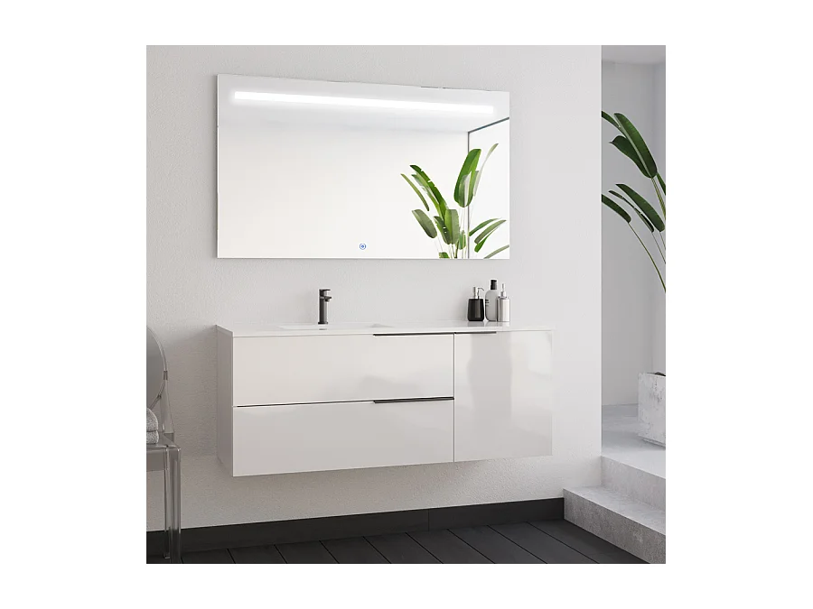 Meuble de salle de bain 120cm avec vasque déportée - blanc - KING et miroir STAM