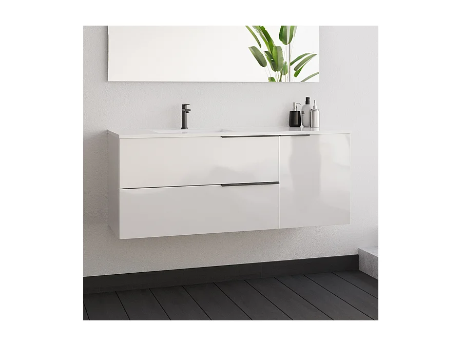 Meuble de salle de bain 120cm avec vasque déportée - blanc - KING et miroir STAM