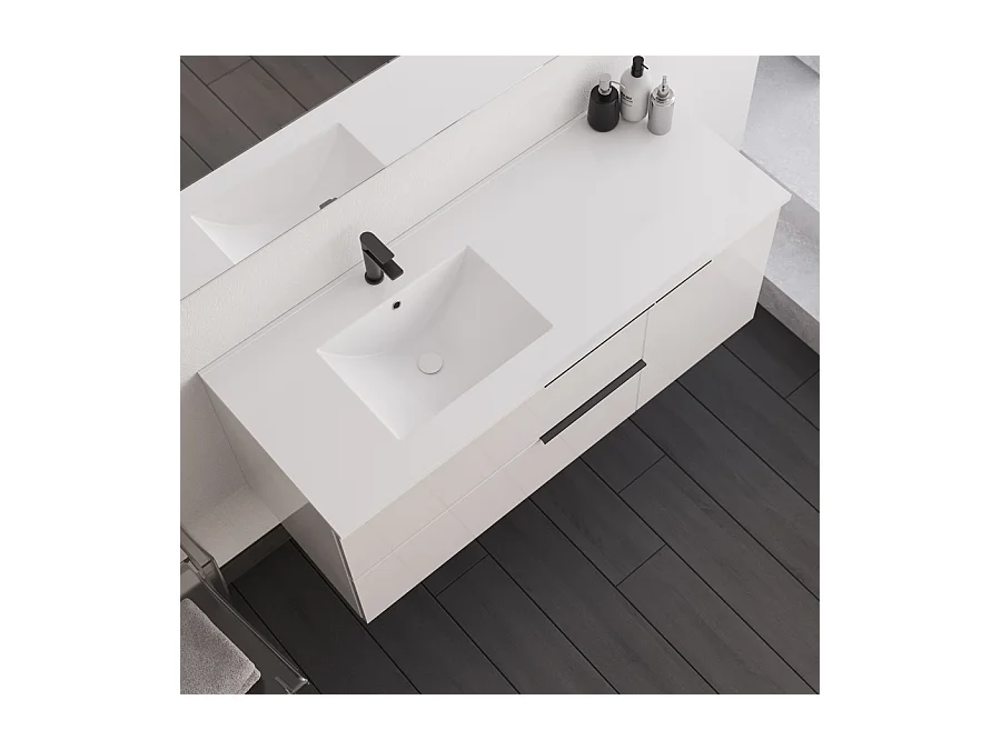 Meuble de salle de bain 120cm avec vasque déportée - blanc - KING et miroir STAM