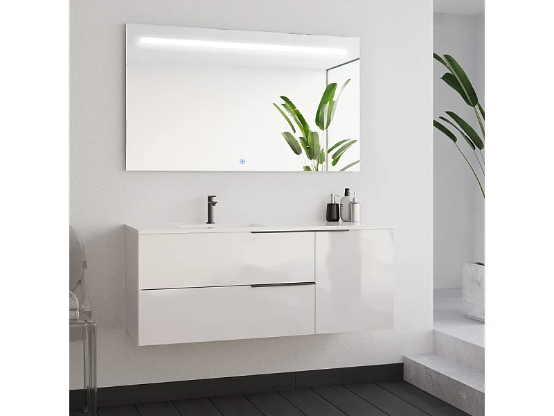 Meuble de salle de bain 120cm avec vasque déportée - blanc - KING et miroir STAM