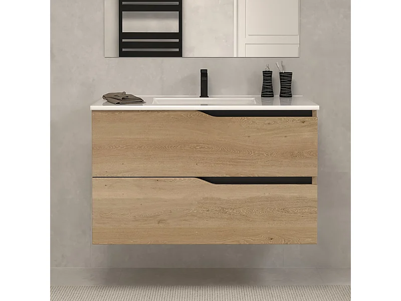 Meuble de salle de bain 70cm simple vasque - 2 tiroirs - sans miroir - madera miel (bois clair) - LUNA