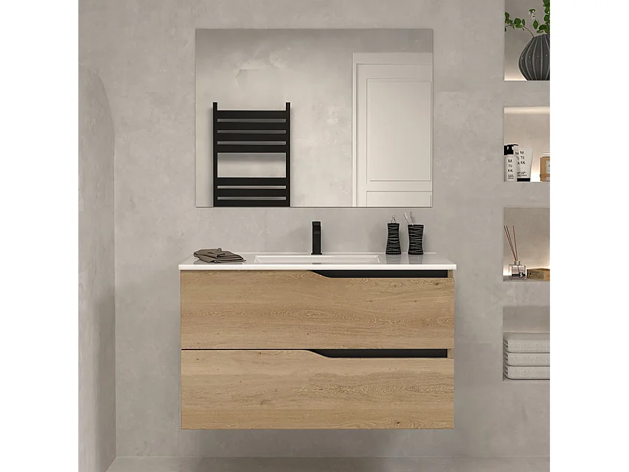 Meuble de salle de bain 70cm simple vasque - 2 tiroirs - sans miroir - madera miel (bois clair) - LUNA