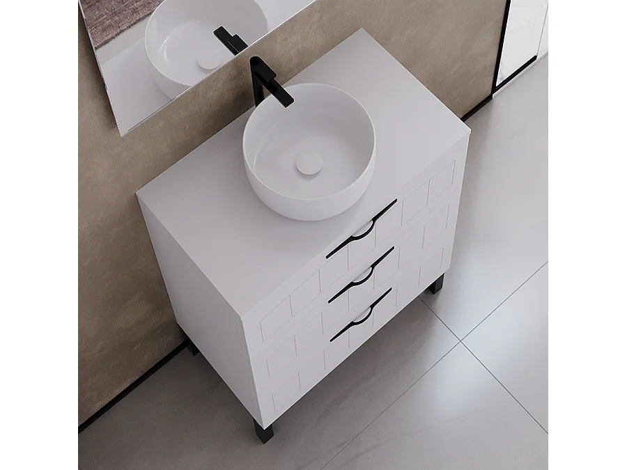 Meuble de salle de bain 60cm avec plateau et vasque à poser ronde - 3 tiroirs - blanc - CALA