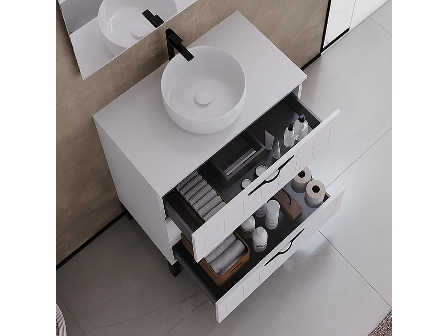 Meuble de salle de bain 60cm avec plateau et vasque à poser ronde - 3 tiroirs - blanc - CALA