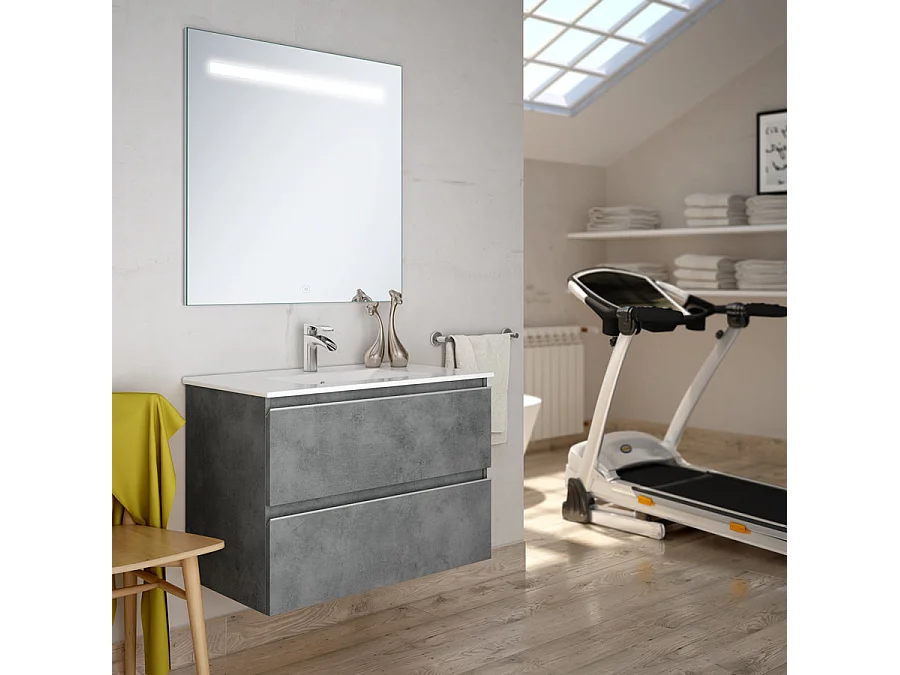Meuble de salle de bain simple vasque - 2 tiroirs - BALEA et miroir Led STAM - ciment (gris) - 60cm
