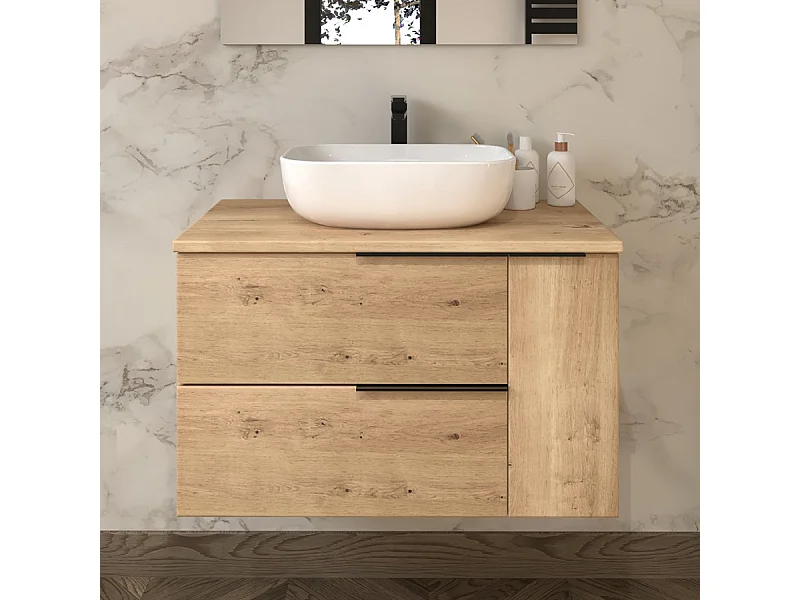 Meuble de salle de bain sans miroir avec vasque à poser arrondie KING - Roble (chêne clair) - 80cm